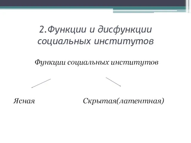 2.Функции и дисфункции социальных институтов Функции социальных институтов Ясная Скрытая(латентная)