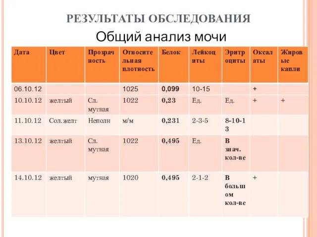 РЕЗУЛЬТАТЫ ОБСЛЕДОВАНИЯ Общий анализ мочи