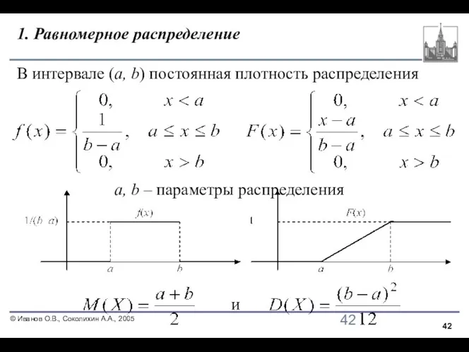 1. Равномерное распределение В интервале (a, b) постоянная плотность распределения a, b – параметры распределения и