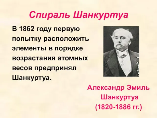 Спираль Шанкуртуа В 1862 году первую попытку расположить элементы в