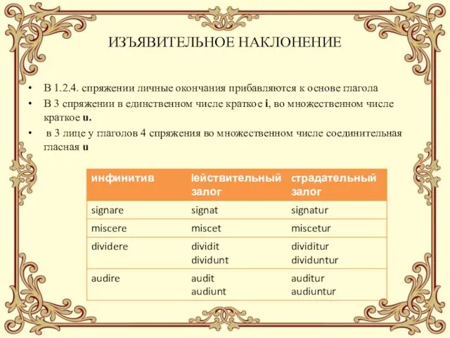 ИЗЪЯВИТЕЛЬНОЕ НАКЛОНЕНИЕ В 1.2.4. спряжении личные окончания прибавляются к основе