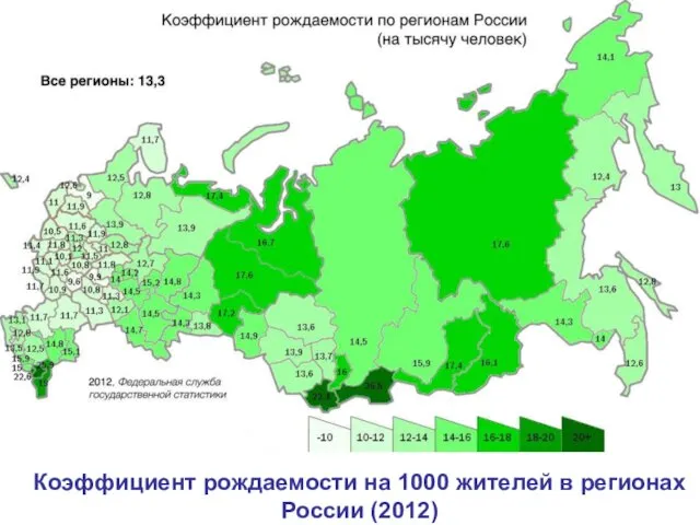 Коэффициент рождаемости на 1000 жителей в регионах России (2012)