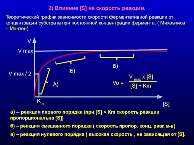 2) Влияние [S] на скорость реакции. Теоретический график зависимости скорости