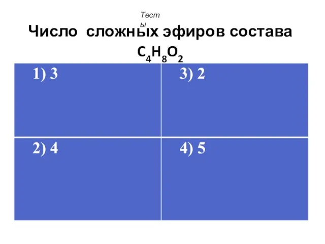 Число сложных эфиров состава C4H8O2 Тесты