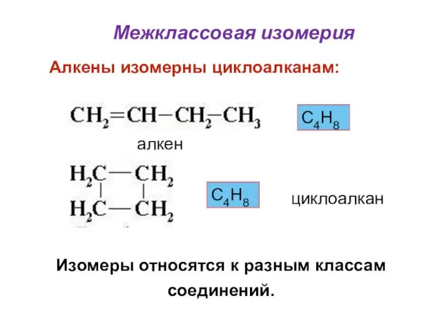 Межклассовая изомерия Изомеры относятся к разным классам соединений. С4Н8 С4Н8 алкен циклоалкан Алкены изомерны циклоалканам: