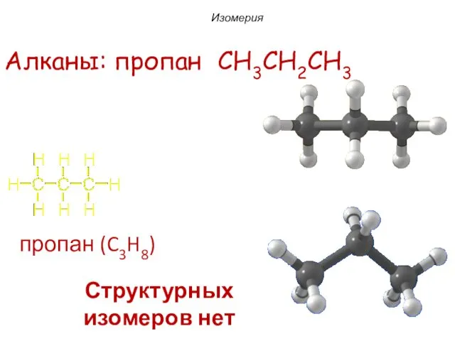пропан (C3H8) Алканы: пропан CH3CH2CH3 Структурных изомеров нет Изомерия