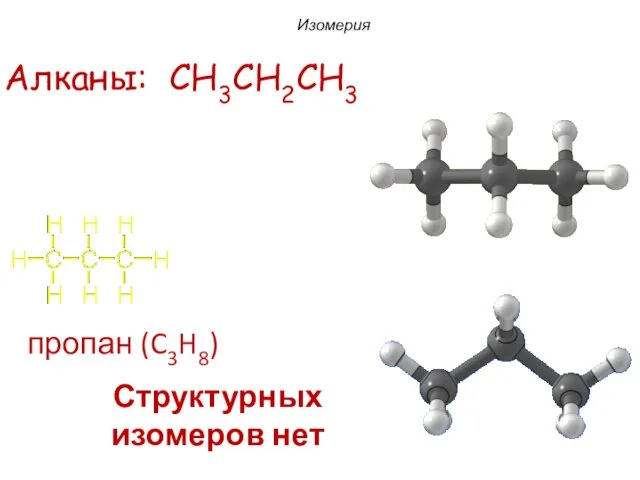 пропан (C3H8) Алканы: CH3CH2CH3 Структурных изомеров нет Изомерия