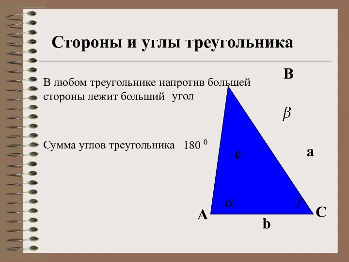 Стороны и углы треугольника В любом треугольнике напротив большей стороны лежит больший Сумма