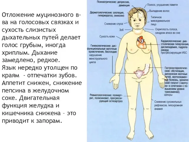 Отложение муцинозного в-ва на голосовых связках и сухость слизистых дыхательных