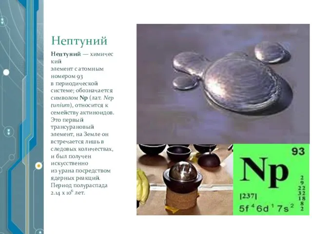 Нептуний Нептуний — химический элемент с атомным номером 93 в