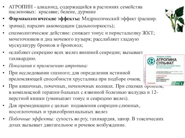 АТРОПИН - алкалоид, содержащийся в растениях семейства пасленовых: красавке; белене,