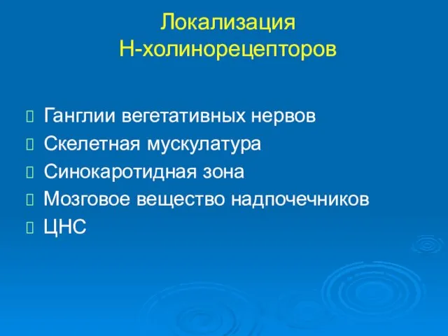 Локализация Н-холинорецепторов Ганглии вегетативных нервов Скелетная мускулатура Синокаротидная зона Мозговое вещество надпочечников ЦНС