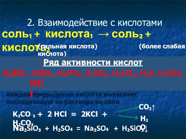 2. Взаимодействие с кислотами соль₁ + кислота₁ → соль₂ +