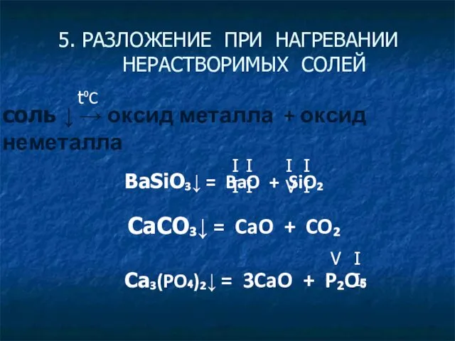 5. РАЗЛОЖЕНИЕ ПРИ НАГРЕВАНИИ НЕРАСТВОРИМЫХ СОЛЕЙ соль ↓ → оксид