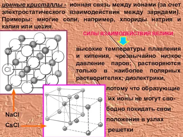 ионные кристаллы - ионная связь между ионами (за счет электростатического