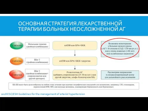 ОСНОВНАЯ СТРАТЕГИЯ ЛЕКАРСТВЕННОЙ ТЕРАПИИ БОЛЬНЫХ НЕОСЛОЖНЕННОЙ АГ 2018 ESC/ESH Guidelines for the management of arterial hypertension