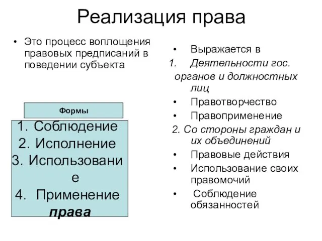 Реализация права Это процесс воплощения правовых предписаний в поведении субъекта