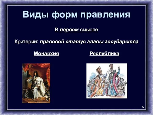 Виды форм правления В первом смысле Критерий: правовой статус главы государства Монархия Республика