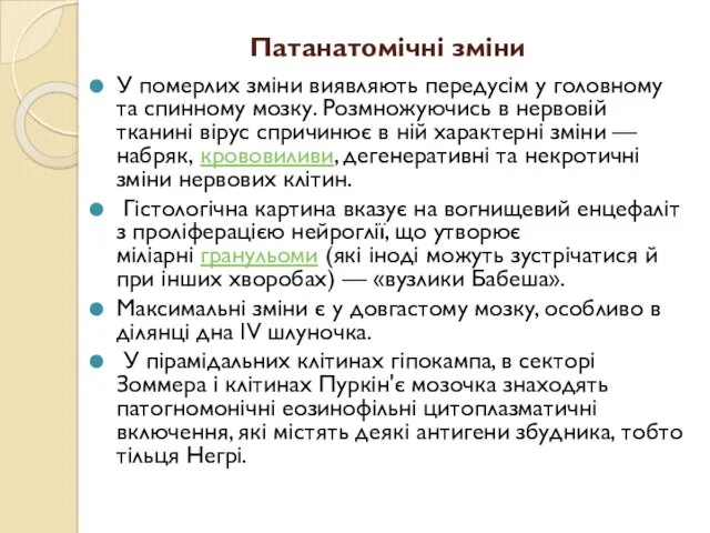 Патанатомічні зміни У померлих зміни виявляють передусім у головному та