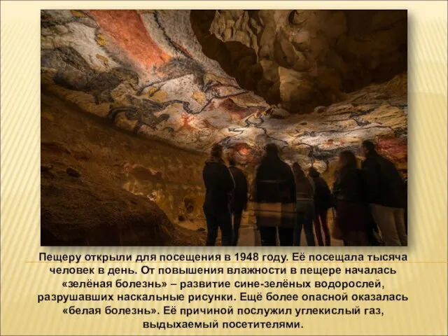 Пещеру открыли для посещения в 1948 году. Её посещала тысяча человек в день.