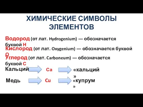 ХИМИЧЕСКИЕ СИМВОЛЫ ЭЛЕМЕНТОВ Водород (от лат. Hydrogenium) ― обозначается буквой