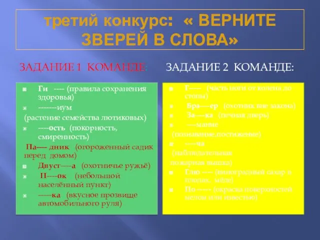 третий конкурс: « ВЕРНИТЕ ЗВЕРЕЙ В СЛОВА» ЗАДАНИЕ 1 КОМАНДЕ: