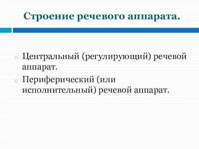 Строение речевого аппарата. Центральный (регулирующий) речевой аппарат. Периферический (или исполнительный) речевой аппарат.