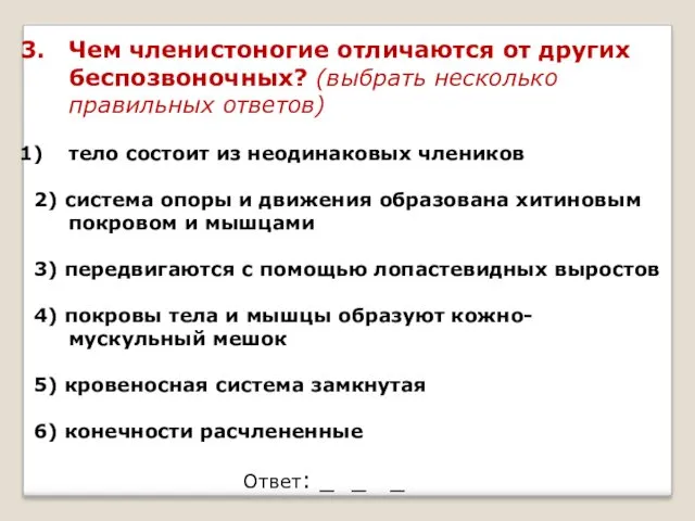 Чем членистоногие отличаются от других беспозвоночных? (выбрать несколько правильных ответов)