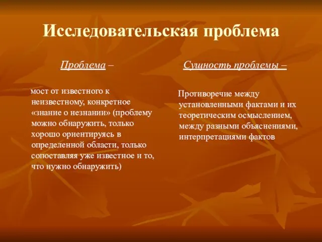 Исследовательская проблема Проблема – мост от известного к неизвестному, конкретное