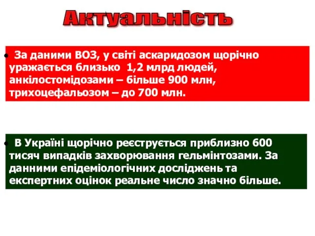 Актуальність За даними ВОЗ, у світі аскаридозом щорічно уражається близько