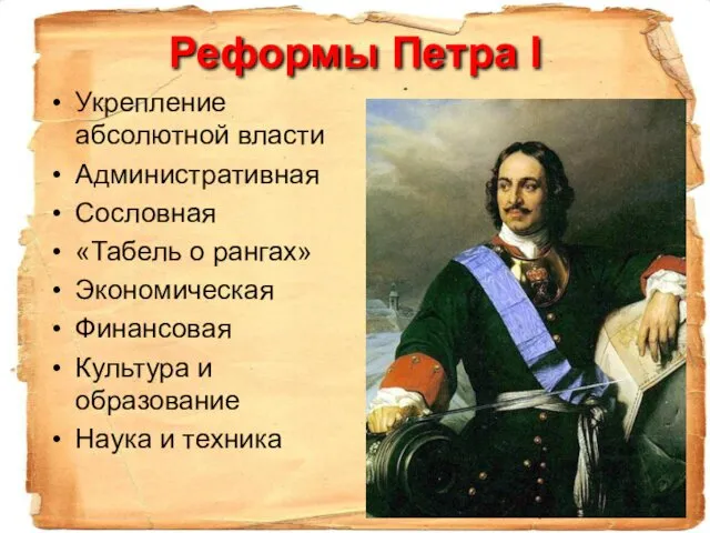 Реформы Петра I Укрепление абсолютной власти Административная Сословная «Табель о