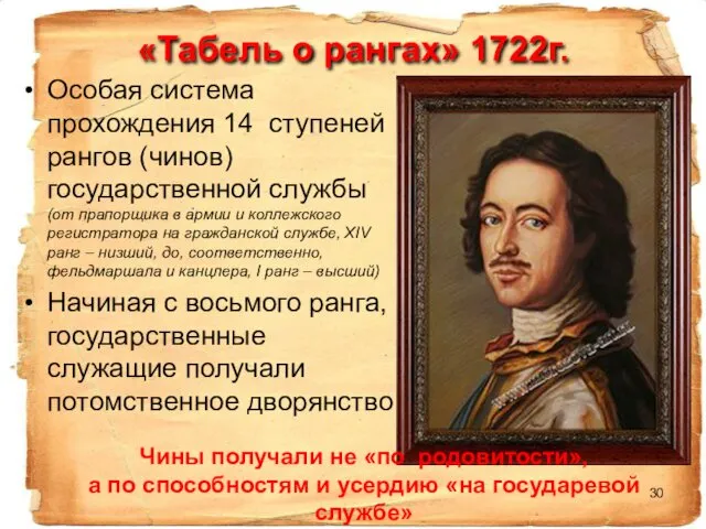 «Табель о рангах» 1722г. Особая система прохождения 14 ступеней рангов