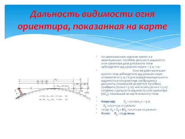 Дальность видимости огня ориентира, показанная на карте На навигационных морских