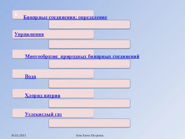 Ким Елена Петровна Бинарные соединения: определение Многообразие природных бинарных соединений Вода Хлорид натрия Углекислый газ