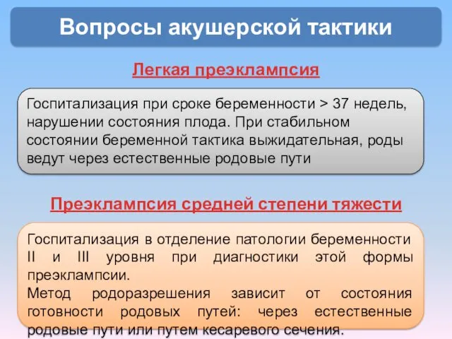 Вопросы акушерской тактики Легкая преэклампсия Госпитализация при сроке беременности >