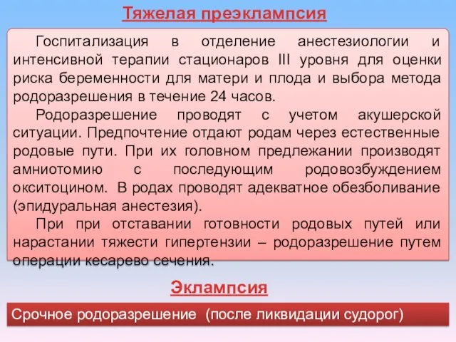 Тяжелая преэклампсия Госпитализация в отделение анестезиологии и интенсивной терапии стационаров