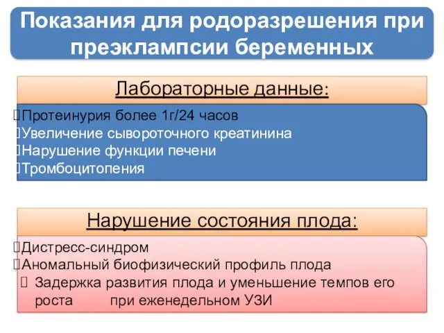 Показания для родоразрешения при преэклампсии беременных Лабораторные данные: Протеинурия более