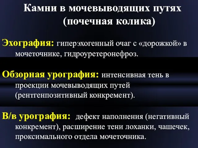 Камни в мочевыводящих путях (почечная колика) Эхография: гиперэхогенный очаг с