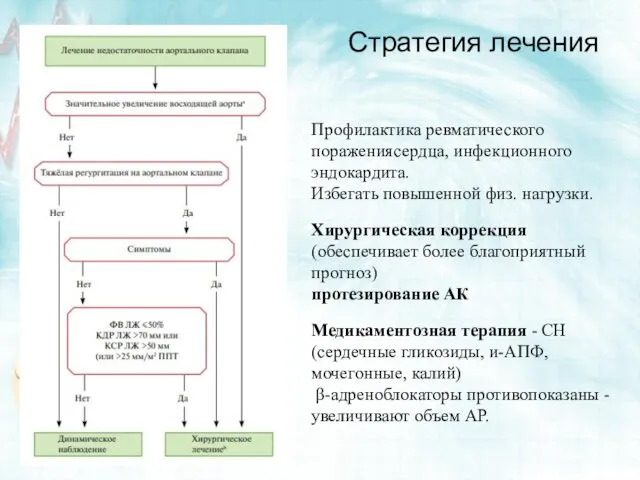 Профилактика ревматического поражениясердца, инфекционного эндокардита. Избегать повышенной физ. нагрузки. Хирургическая