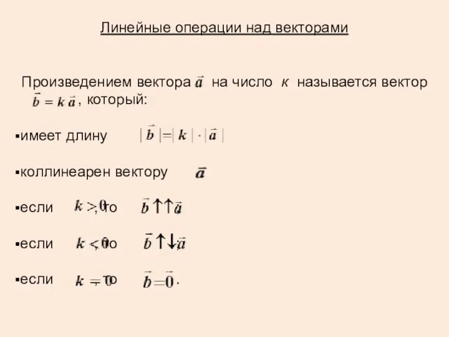 Линейные операции над векторами Произведением вектора на число к называется