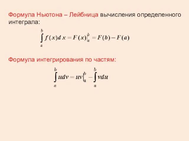 Формула Ньютона – Лейбница вычисления определенного интеграла: Формула интегрирования по частям: