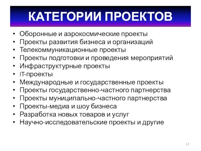 КАТЕГОРИИ ПРОЕКТОВ Оборонные и аэрокосмические проекты Проекты развития бизнеса и организаций Телекоммуникационные проекты