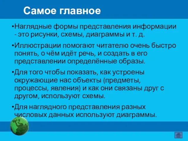 Самое главное Наглядные формы представления информации - это рисунки, схемы,