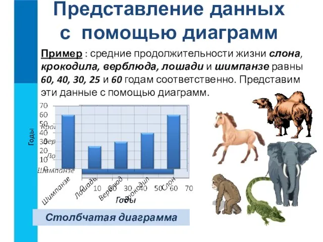 Пример : средние продолжительности жизни слона, крокодила, верблюда, лошади и