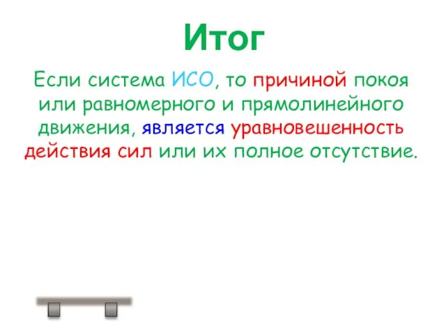 Итог Если система ИСО, то причиной покоя или равномерного и прямолинейного движения, является