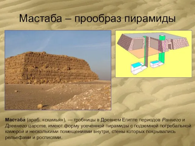 Мастаба – прообраз пирамиды Мастаба́ (араб. «скамья»), — гробницы в