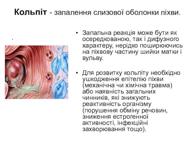 Кольпіт - запалення слизової оболонки піхви. . Запальна реакція може