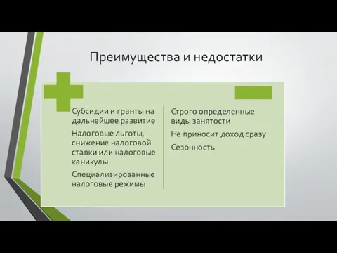 Преимущества и недостатки Строго определенные виды занятости Не приносит доход сразу Сезонность