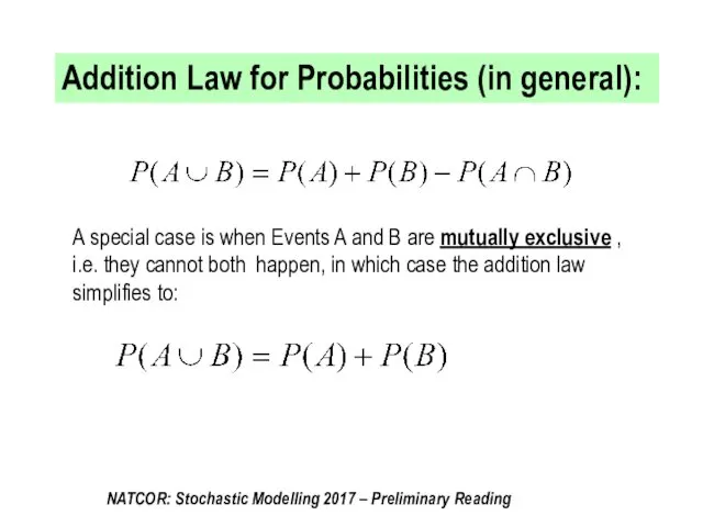 Addition Law for Probabilities (in general): A special case is