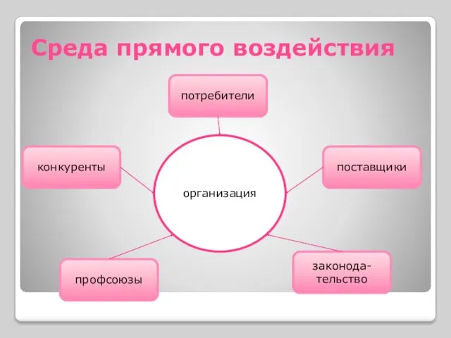 Среда прямого воздействия организация конкуренты потребители поставщики профсоюзы законода-тельство